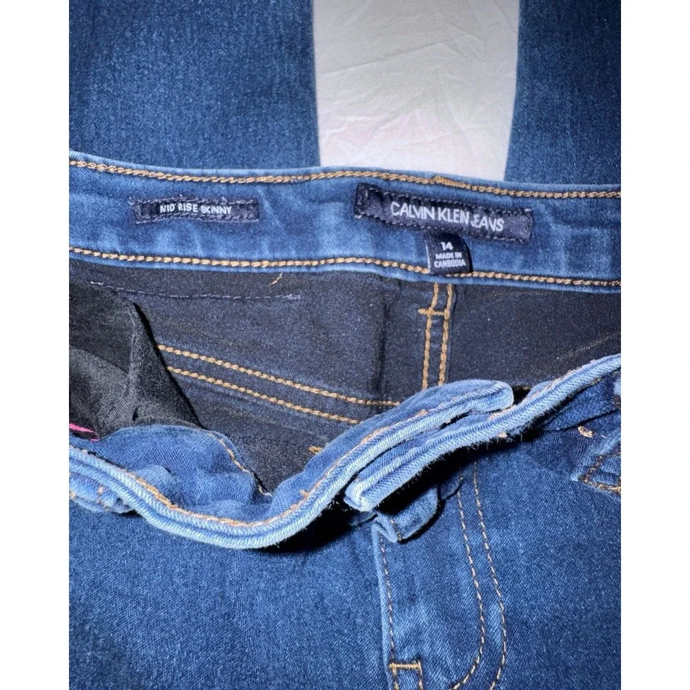 Calvin Klein Girls Size 14 Mid Rise Skinny Blue Denim Jeans Stretch
